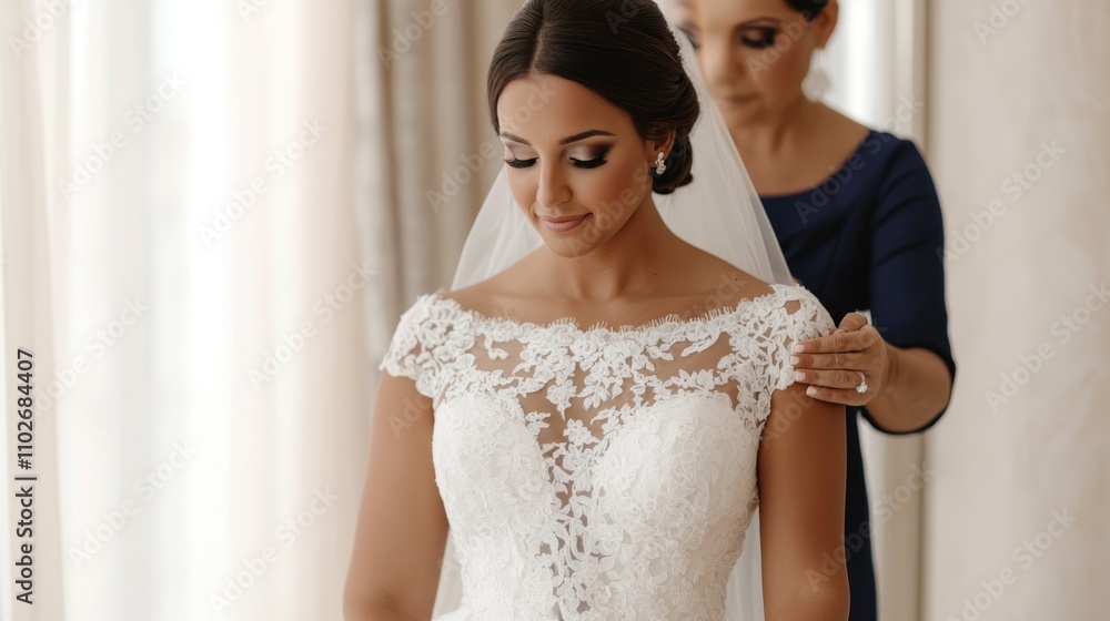 Bride in Elegant Gown Getting Adjusted by Attendant Before Wedding Ceremony in Bright Venue with Soft Lighting and Romantic Atmosphere Bride in Elegant Gown Getting Adjusted by Attendant Before Wedding Ceremony in Bright Venue with Soft Lighting and Romantic Atmosphere