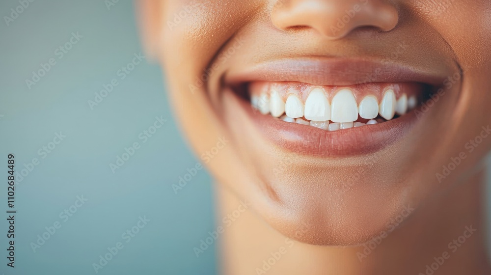 Fototapeta premium A close-up of a smiling person showcasing bright, white teeth, conveying joy and confidence against a soft, neutral background.