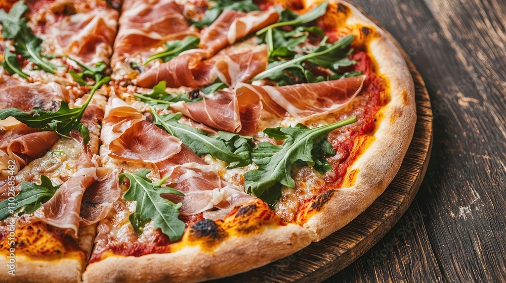 Delicious pizza with prosciutto and arugula on rustic wooden table. Delicious pizza with prosciutto and arugula on rustic wooden table.