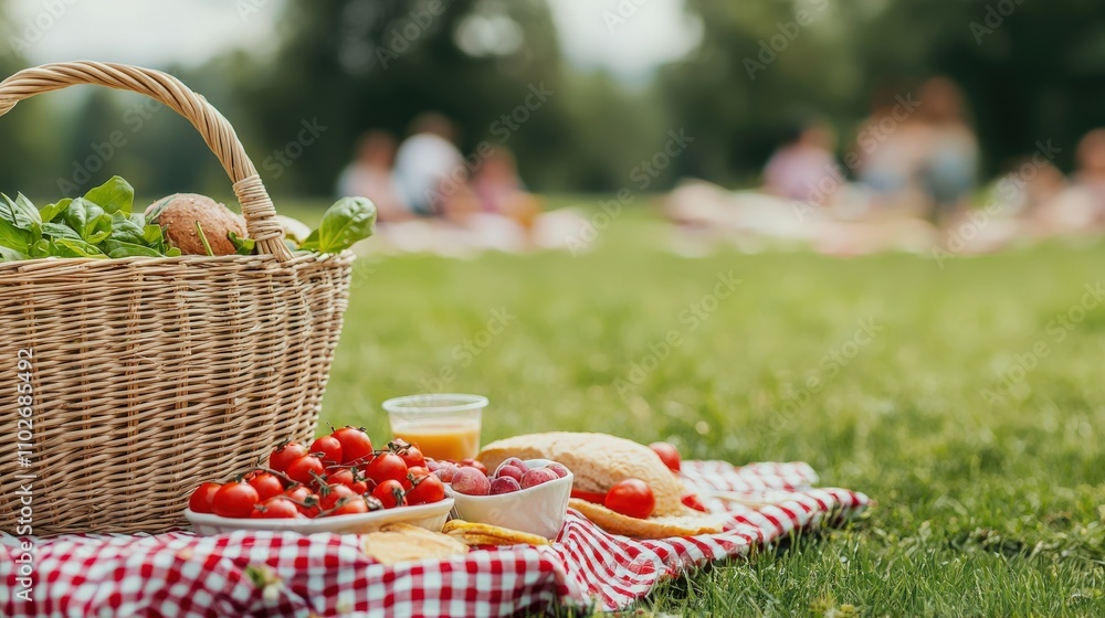 A picnic scene featuring a woven basket with fresh produce, drinks, and a checkered blanket set on green grass with people relaxing in the background. A picnic scene featuring a woven basket with fresh produce, drinks, and a checkered blanket set on green grass with people relaxing in the background.