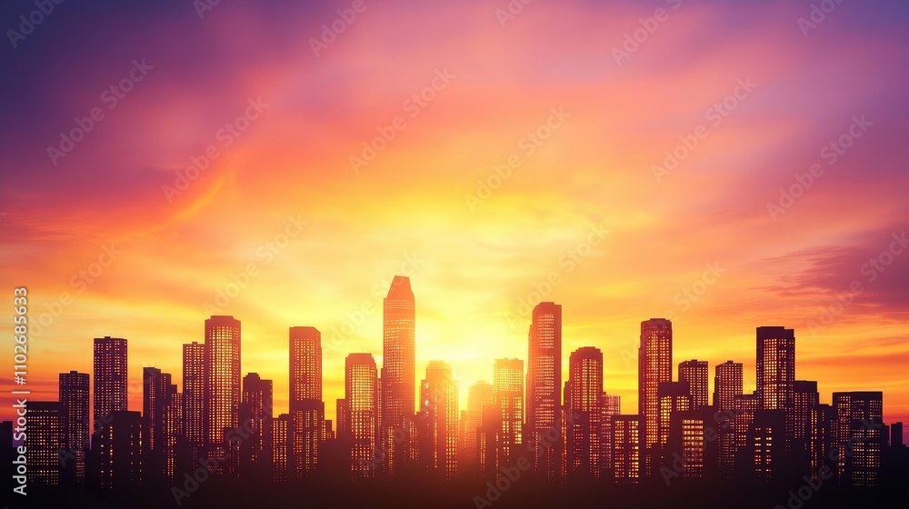 City skyline at sunset with vibrant colors and silhouette of buildings. City skyline at sunset with vibrant colors and silhouette of buildings.