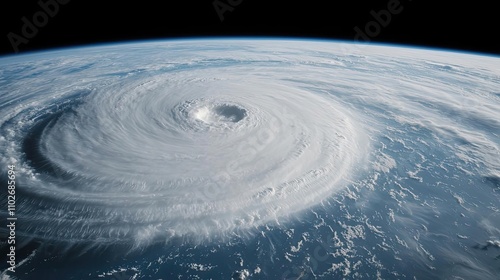 Storm swirl over ocean, powerful cyclone from space, dramatic natural phenomenon.
