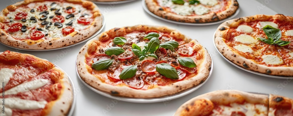 A variety of delicious pizzas on display, ready to be enjoyed by pizza lovers. A variety of delicious pizzas on display, ready to be enjoyed by pizza lovers.