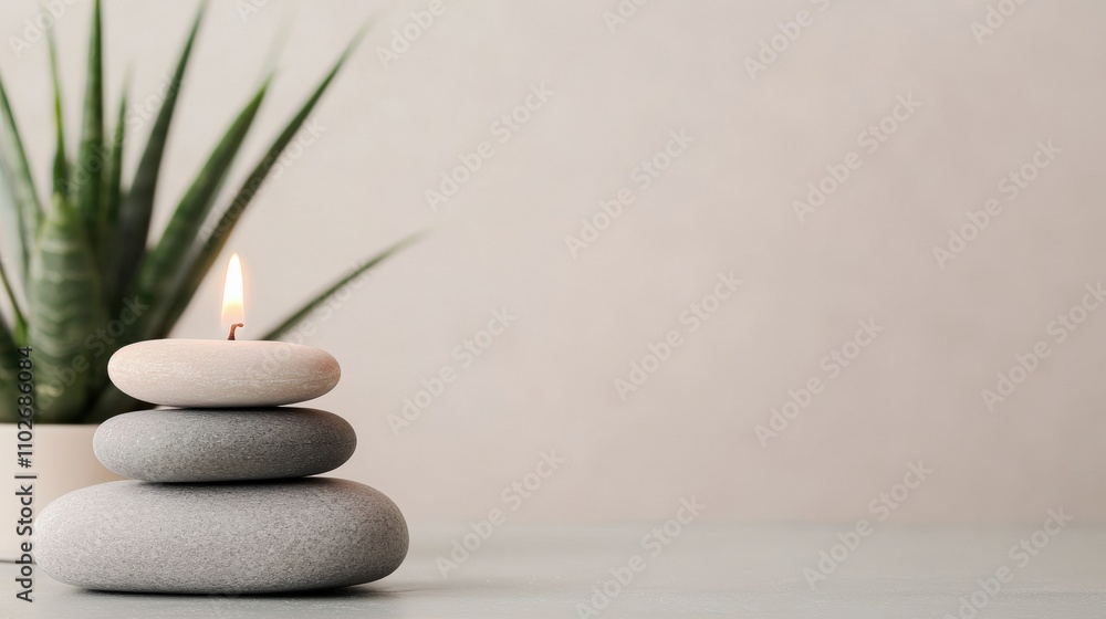 Obraz premium A serene arrangement of stacked stones with a candle atop, accompanied by a potted plant, creating a calming and tranquil atmosphere.