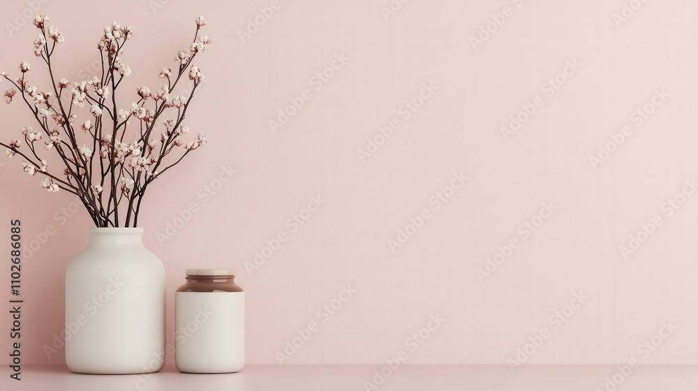 A serene composition featuring two minimalist vases with delicate branches, set against a soft pink background, creating a calming ambiance. A serene composition featuring two minimalist vases with delicate branches, set against a soft pink background, creating a calming ambiance.