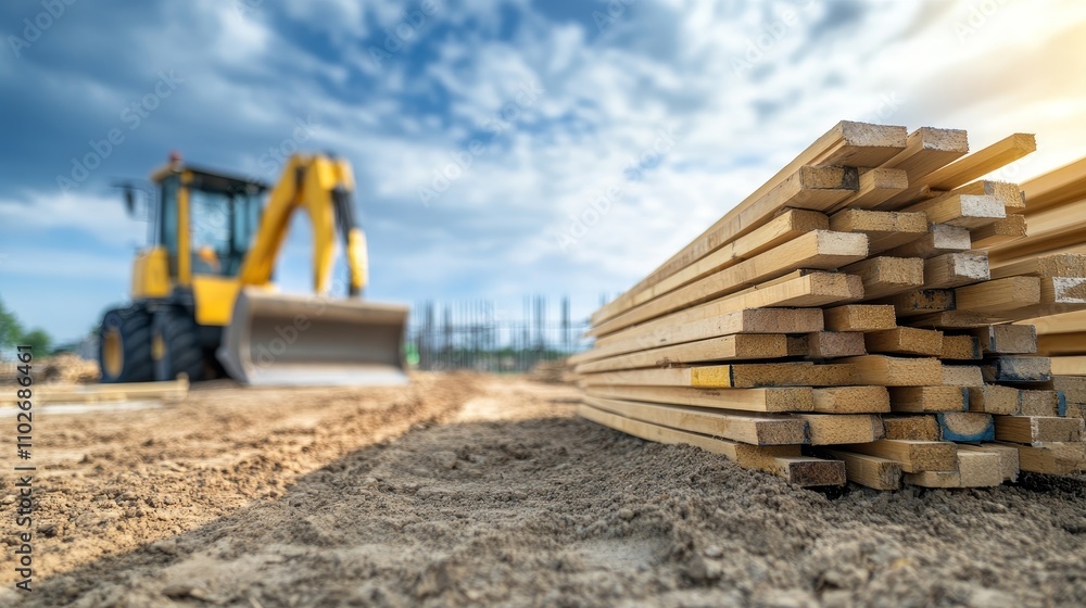 Fototapeta premium Construction Site with Machinery and Wooden Materials