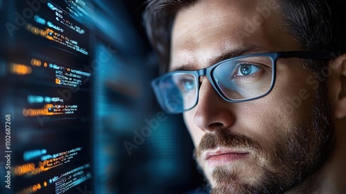 Focused male developer wearing glasses analyzing complex computer program code on laptop in a modern high tech office workspace setting representing technology software engineering