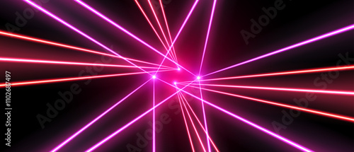 Laser rays or beams, glowing neon lines, bright futuristic background. Motion or speed light effect. Concert or nightclub spotlights. Vector illustration.
