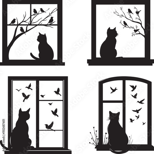Silhouette vector of a cat sitting in window looking birds on branch,  vector silhouette