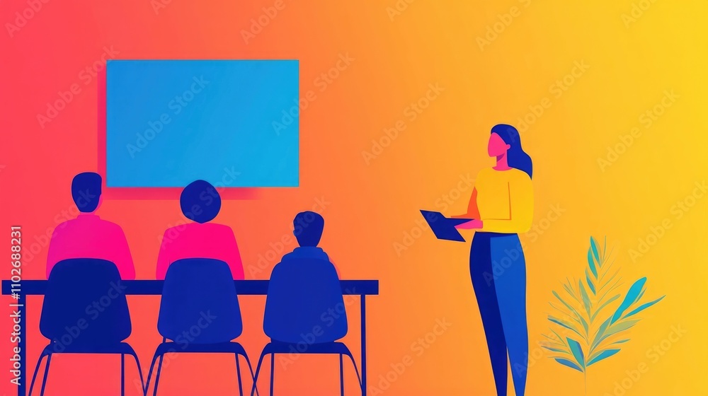 A female mentor or instructor offering guidance advice and professional training to a group of people gathered in a modern colorful meeting room setting The scene depicts a business A female mentor or instructor offering guidance advice and professional training to a group of people gathered in a modern colorful meeting room setting The scene depicts a business