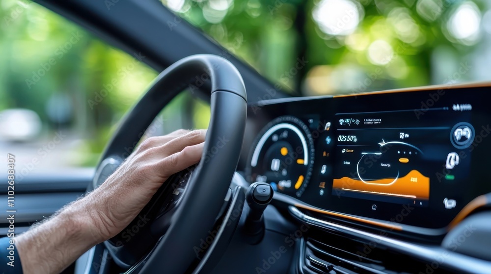 Close up view of the digital dashboard and infotainment system of a modern energy efficient vehicle The dashboard features a high tech display touch controls Close up view of the digital dashboard and infotainment system of a modern energy efficient vehicle The dashboard features a high tech display touch controls