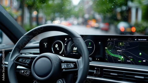 Close up view of a sleek futuristic looking car dashboard with a digital display and an advanced infotainment system  The dashboard features a range of cutting edge technologies and controls photo