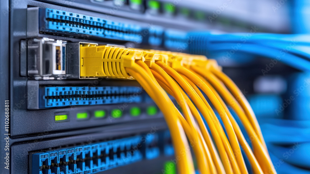 A close-up image of network cables connected to a server, showcasing yellow and blue cables in a data center environment. A close-up image of network cables connected to a server, showcasing yellow and blue cables in a data center environment.