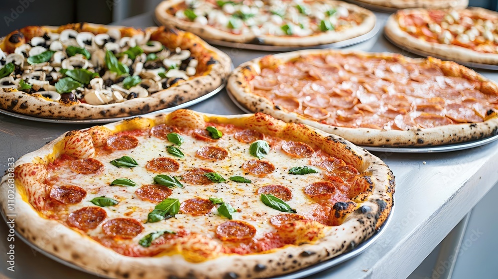 Delicious pizzas with various toppings placed on a table. Delicious pizzas with various toppings placed on a table.