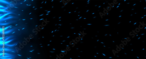 Blue flame with sparks, fire with flying cinder, abstract glowing embers, heat sparkles, bokeh fire texture. Vector illustration.