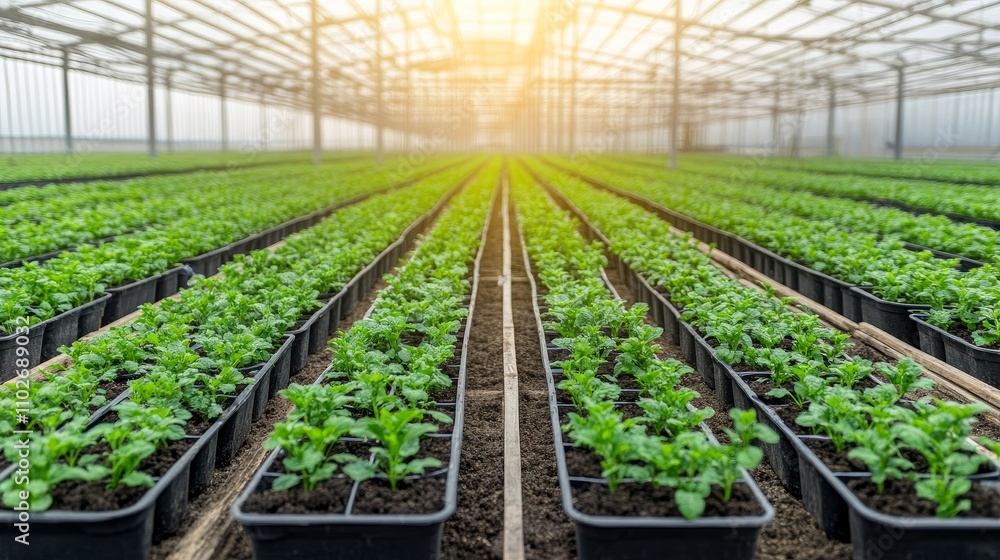 Rows of Fresh Green Plants in a Bright Greenhouse Rows of Fresh Green Plants in a Bright Greenhouse