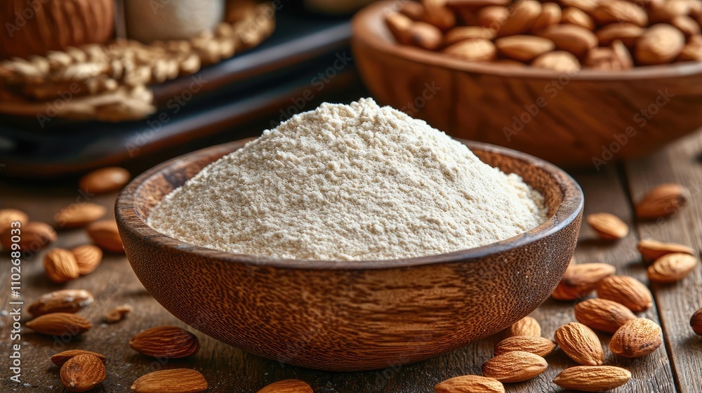 Bowl of almond flour with whole almonds on a rustic wooden surface. Bowl of almond flour with whole almonds on a rustic wooden surface.