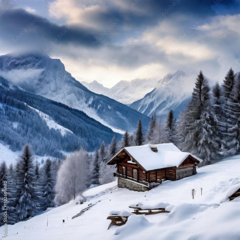 Fototapeta premium the AI Image Generator, Cozy Cabin in a Serene Snowy Mountain Landscape