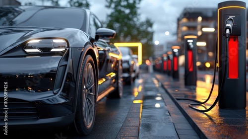 Electric vehicle charging station located on a city street at night with electric cars parked and charging