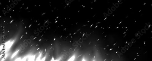 White flame with sparks, fire with flying cinder, abstract glowing embers, heat sparkles, bokeh fire texture. Vector illustration.