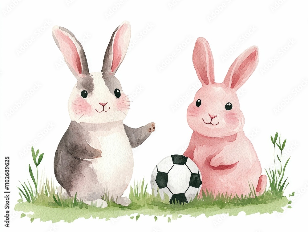 Whimsical watercolor of a cute and happy bunny kicking a soccer ball with a big smile set against a minimal pastel background perfect for nursery or kids room decor Whimsical watercolor of a cute and happy bunny kicking a soccer ball with a big smile set against a minimal pastel background perfect for nursery or kids room decor