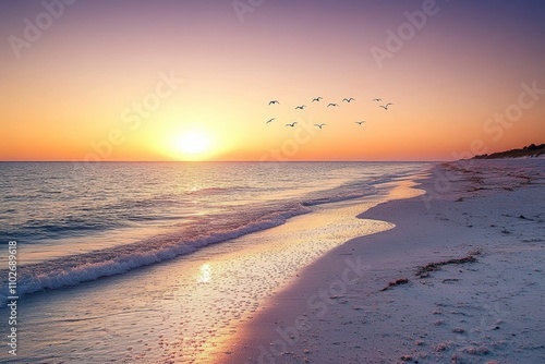 Wallpaper Mural Serene Beach Sunset with Flying Seagulls and Gentle Waves Torontodigital.ca