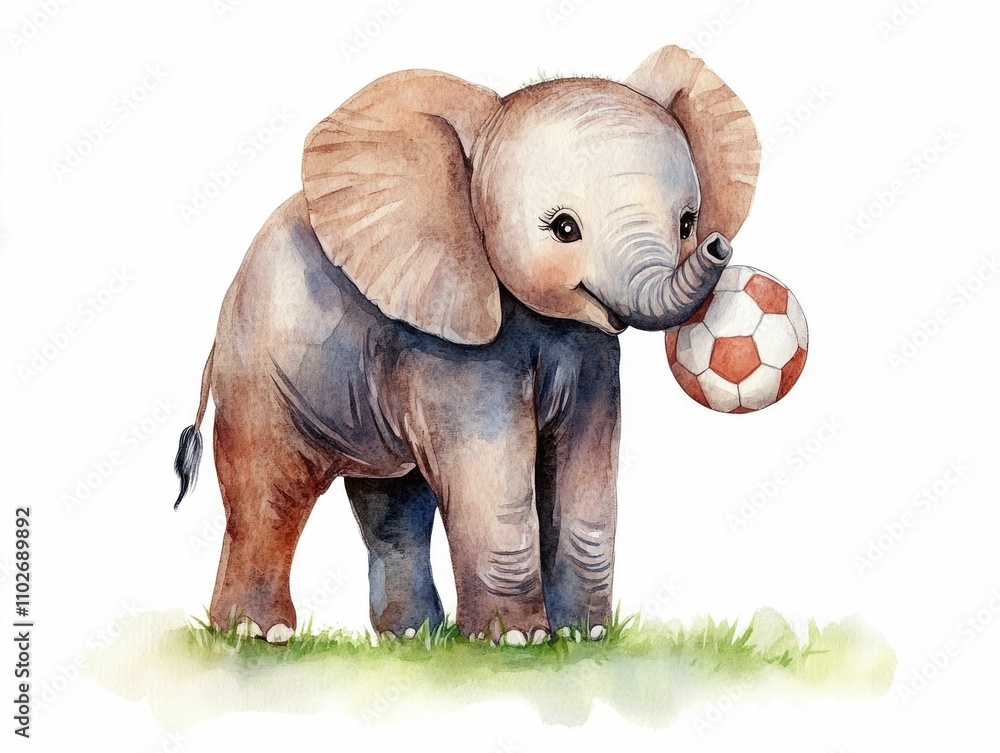 Watercolor of a Cute Elephant Playfully Holding a Soccer Ball with its Trunk Perfect for a Peaceful and Adorable Nursery Decor Watercolor of a Cute Elephant Playfully Holding a Soccer Ball with its Trunk Perfect for a Peaceful and Adorable Nursery Decor