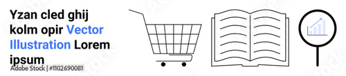 Shopping cart with wheels, open book with pages, magnifying glass over chart. Ideal for online shopping, digital libraries, research, e-commerce, education, analytics, marketing. Banner for landing
