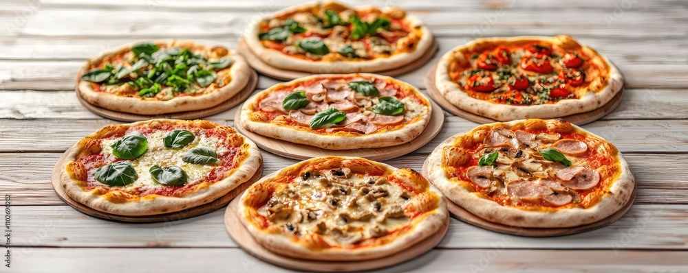 Delicious assortment of fresh pizzas on wooden table, various toppings included. Delicious assortment of fresh pizzas on wooden table, various toppings included.