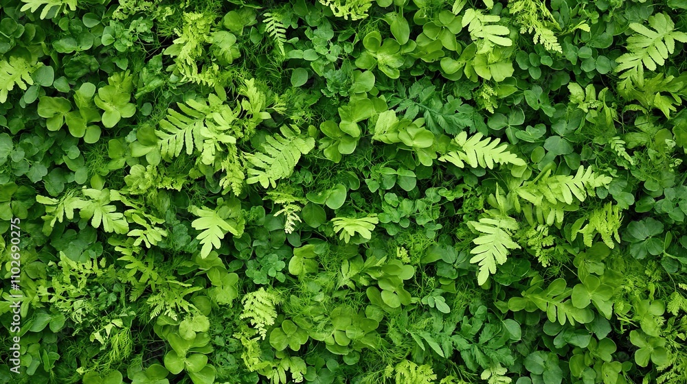 Lush Greenery with Diverse Leaves and Plants from Above Perspective Lush Greenery with Diverse Leaves and Plants from Above Perspective