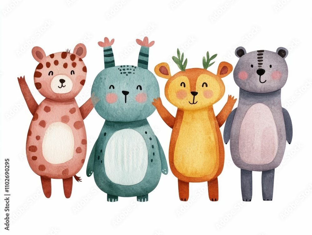 Naklejka premium A group of cheerful and adorable jungle animals including a bear panda frog lion and tiger are depicted in a watercolor happily cheering and supporting each other on a soccer field with a soft