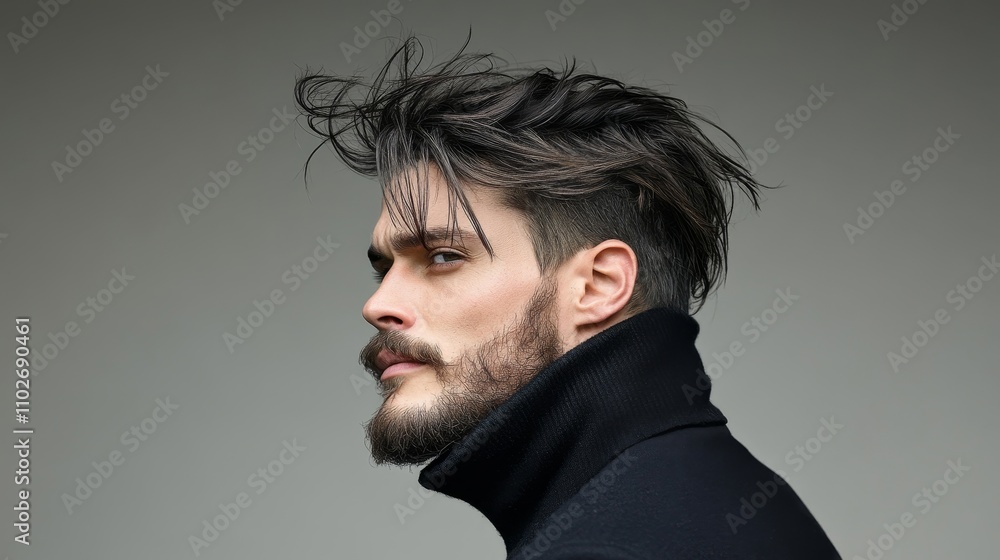 Naklejka premium Stylish Man with Modern Haircut and Beard Profile