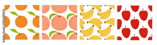 Colorful fruit patterns featuring oranges, peaches, bananas, and red apples on a white background