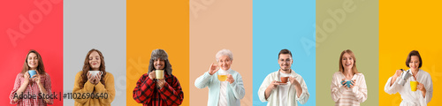 Set of people with mugs on ...