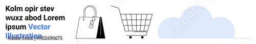 Shopping bag with tag, empty shopping cart, and a blue cloud icon. Ideal for e-commerce, online shopping, retail, cloud storage, digital marketing, web design, and technology services. Banner