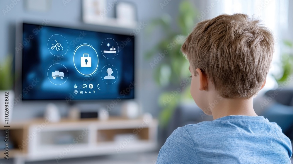 Young child intently engaged with digital device or television screen exploring learning and discovering new information and technologies Young child intently engaged with digital device or television screen exploring learning and discovering new information and technologies