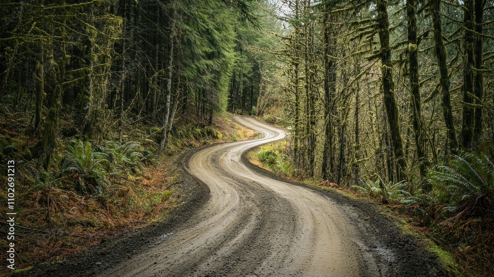 Fototapeta premium A winding dirt road cutting through a dense forest, inviting adventure and exploration.
