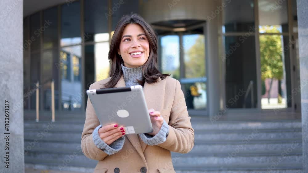 Happy businesswoman finished her work and took her private digital tablet Happy businesswoman finished her work and took her private digital tablet