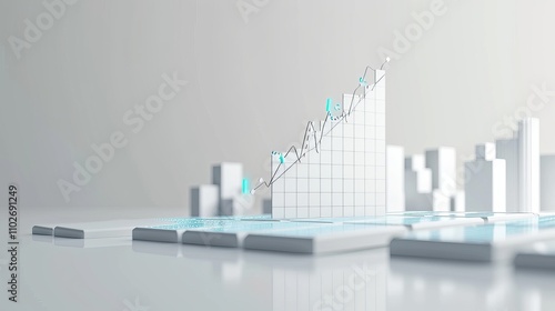 A modern 3D render showcasing a white and light blue financial bar chart rising upwards, symbolizing growth and success in business analytics and data visualization. AI generated.