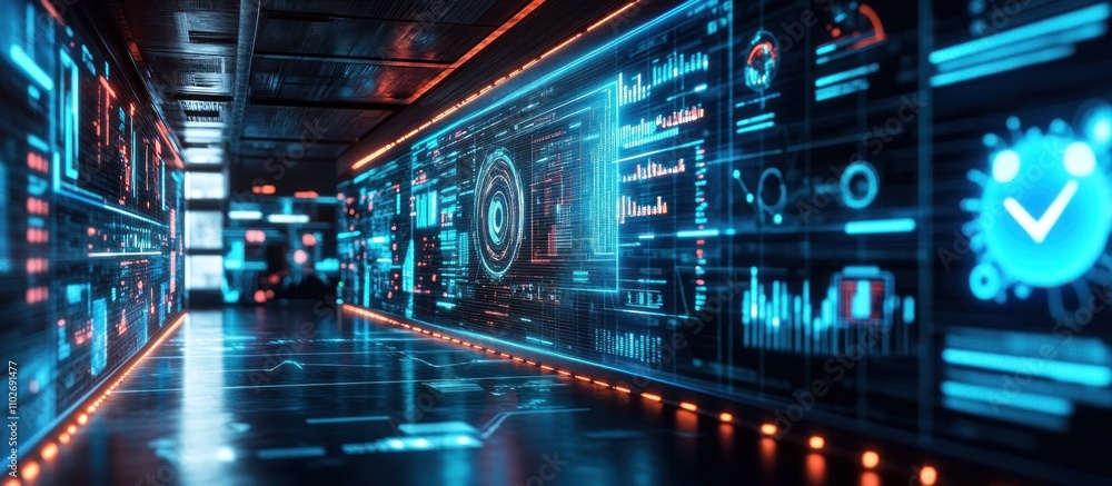 Fototapeta premium Futuristic digital corridor with glowing screens displaying data and analytics.