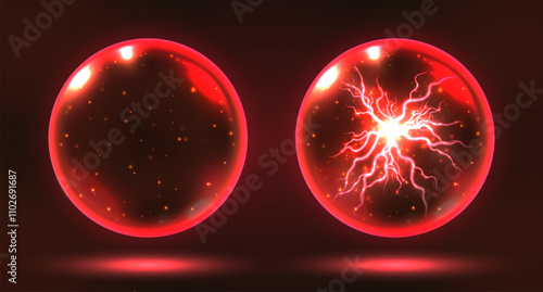Crystal magic ball, mystic prophecy orb with lightning inside, oracle sphere with sparkling stars and electric charge. Fantasy vector illustration.