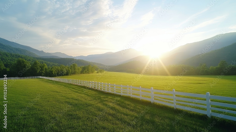 Serene Sunrise Over Lush Green Field and Mountains Serene Sunrise Over Lush Green Field and Mountains