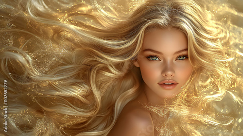 Golden Waves: A Digital Illustration of a Woman with Long, Blonde, Flowing Hair in a Glittering, Abstract Background