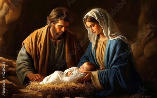 Nativity Scene of Christmas Night with Mary Joseph and Baby Jesus in Manger