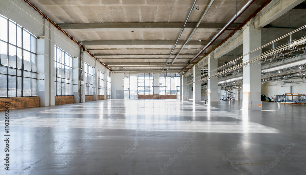 A large, empty commercial space with polished concrete floors and high ceilings. The room A large, empty commercial space with polished concrete floors and high ceilings. The room
