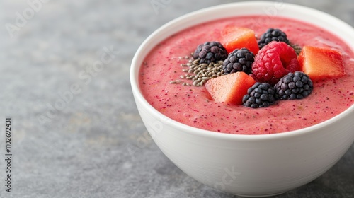 A delicious smoothie bowl topped with fresh berries and chia seeds, perfect for a healthy breakfast or snack.