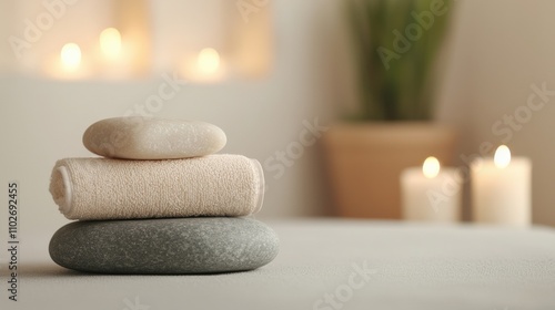 A serene spa setup featuring stacked stones and towels, complemented by soft candlelight, creating a calming atmosphere for relaxation.