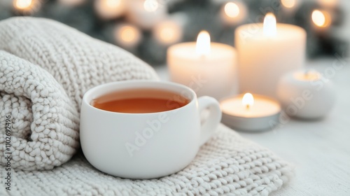 Wallpaper Mural A cozy scene featuring a warm cup of tea, a soft blanket, and glowing candles, perfect for relaxation and comfort during chilly evenings. Torontodigital.ca