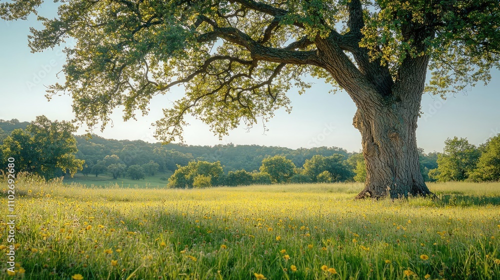 Majestic tree in a vibrant green field during a sunny day. Majestic tree in a vibrant green field during a sunny day.