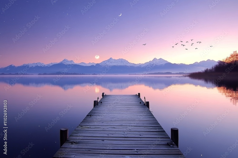 Fototapeta premium Serene Lakeside Scene at Dusk with Wooden Dock and Mountains